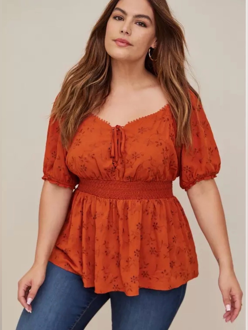 Torrid Georgette Eyelet Smocked Waist Puff Sleeve Top Size 00 M/L